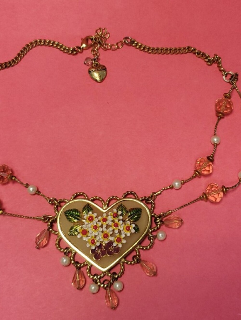 Betsey Johnson Gold Heart Necklace with Pink Beads and Pearl Accents - Picture 4 of 6